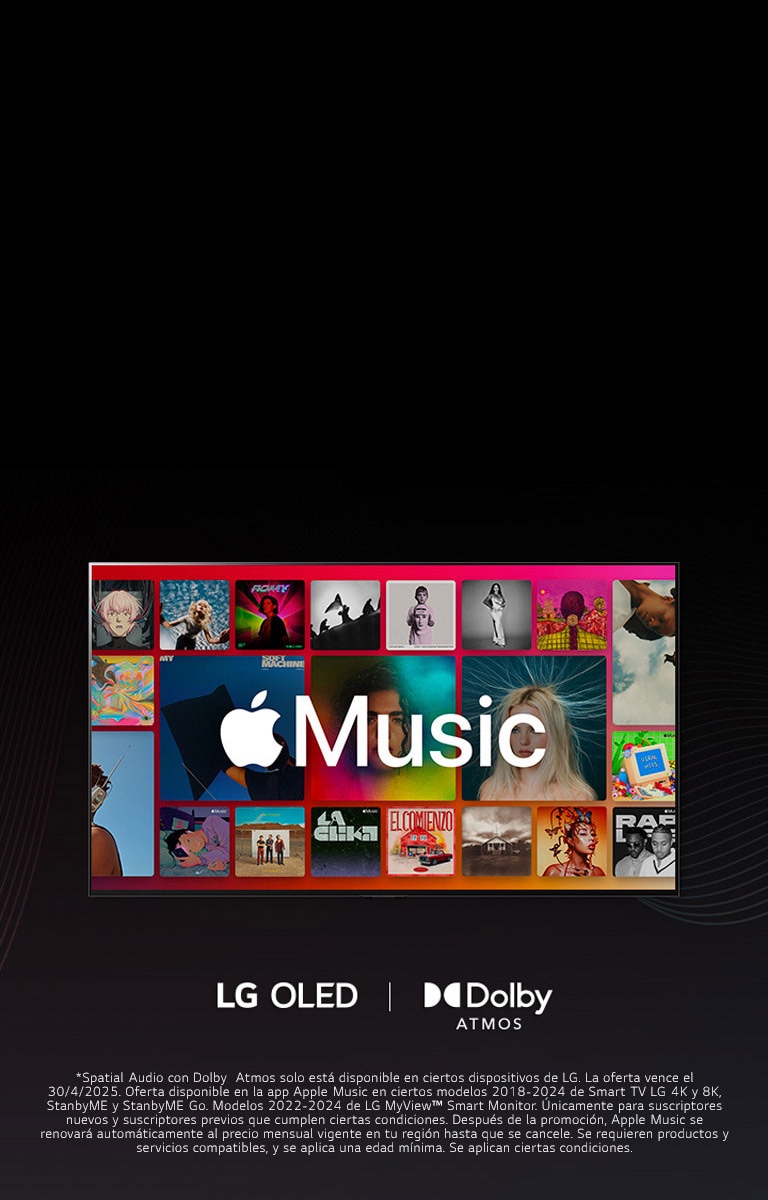 Una grilla de álbumes con el logo de Apple Music superpuesto y el logo de LG OLED y Dolby Atmos debajo.