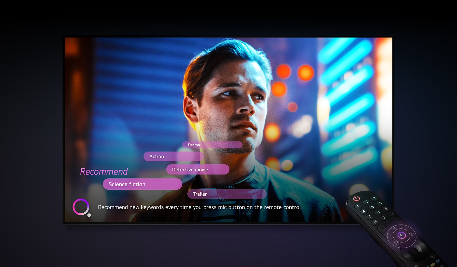 La cara de un hombre se muestra en la pantalla del TV, y las palabras clave recomendadas se muestran cerca. 
