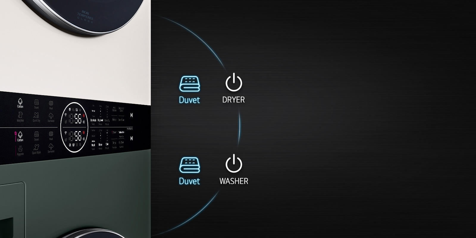 Esta es una imagen del panel del producto. El botón Duvet de la secadora y el botón Duvet de la lavadora están resaltados.