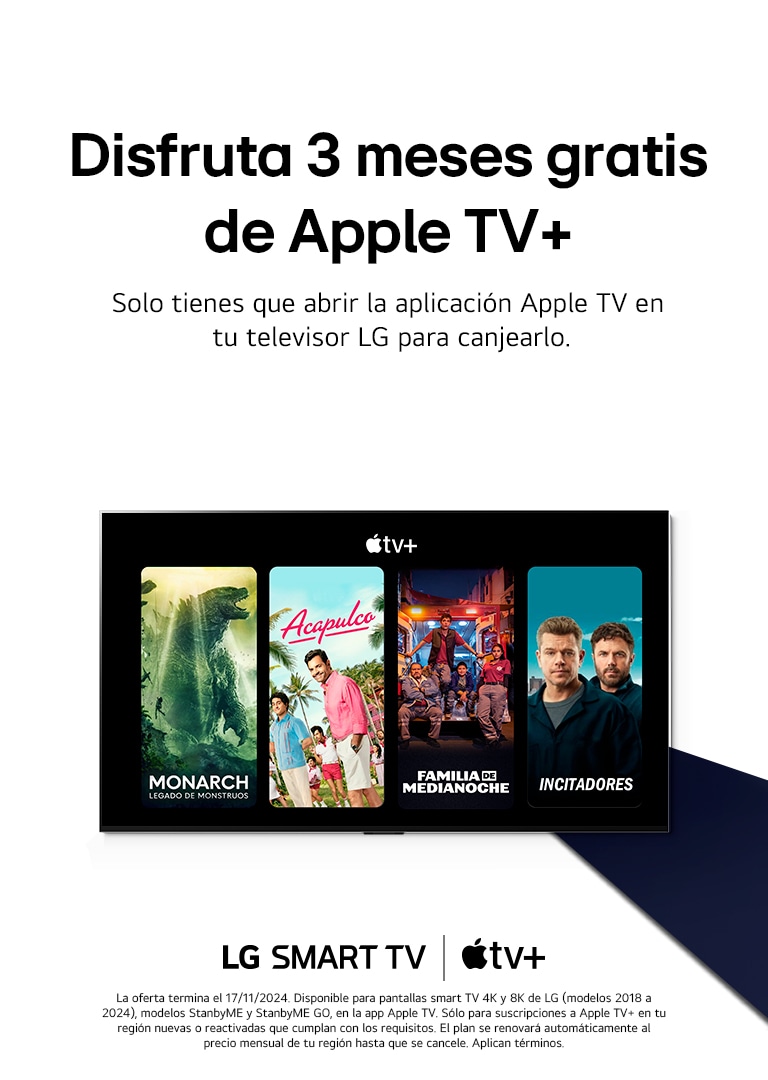 Un LG TV que muestra la página de inicio de webOS parada en ángulo contra un fondo. La página de inicio muestra categorías de navegación e instantáneas de programas de TV. El LG Magic Remote señala la TV.