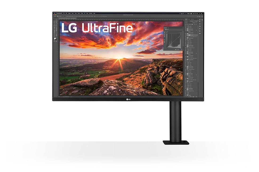 LG 31.5'' UHD 4K Ergo IPS Monitor with USB-C, front view with the monitor arm on the right, 32UN880K-B