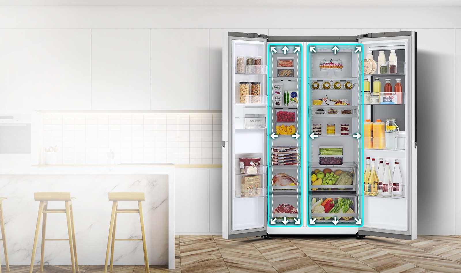 A video begins with the front view of the refrigerator with both doors open. The interior spaces are outlined with neon lines and the arrows start to push the lines to show that there is now more space inside. The neon square around the interior spaces flashes to show the difference between the new space and the old smaller space which is now highlighted in a dotted white line.