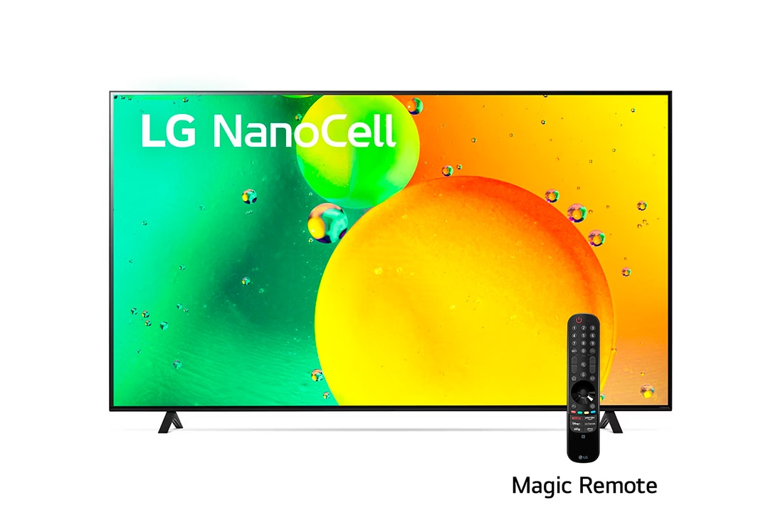 LG NanoCell 70'' NANO75 4K Smart TV con ThinQ AI (Inteligencia Artificial), Procesador α5 AI, Vista frontal del televisor LG NanoCell, 70NANO75SQA