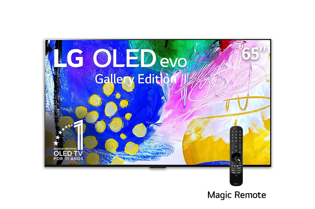 LG OLED 65'' G2 evo Smart TV con ThinQ AI (Inteligencia Artificial), Vista frontal con LG OLED evo Gallery Edition en la pantalla, OLED65G2PSA