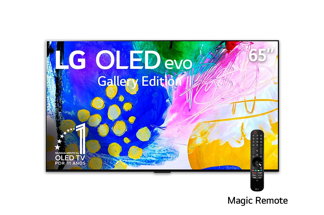 LG OLED 65'' G2 evo Smart TV con ThinQ AI (Inteligencia Artificial), Vista frontal con LG OLED evo Gallery Edition en la pantalla, OLED65G2PSA