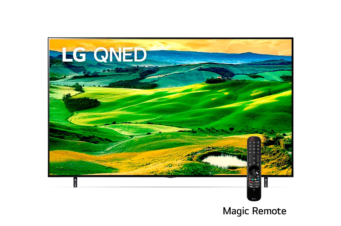 LG QNED 86'' QNED80 4K Smart TV con ThinQ AI (Inteligencia Artificial), Procesador α7 Gen5 AI 4K, Una vista frontal del televisor LG QNED con una imagen de relleno y el logotipo del producto en, 86QNED80SQA
