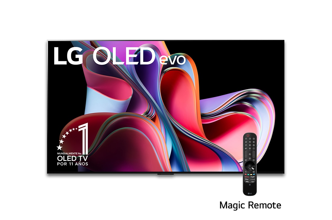 LG Pantalla LG OLED evo 77'' G3 4K SMART TV con ThinQ AI, Vista frontal con LG OLED evo, la frase: El mejor OLED del mundo por 10 años, OLED77G3PSA