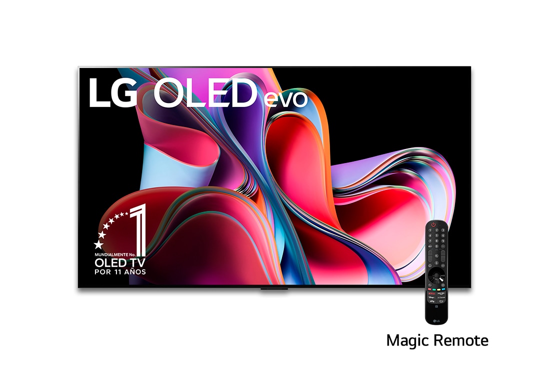 LG Pantalla LG OLED evo 77'' G3 4K SMART TV con ThinQ AI, Vista frontal con LG OLED evo, la frase: El mejor OLED del mundo por 10 años, OLED77G3PSA