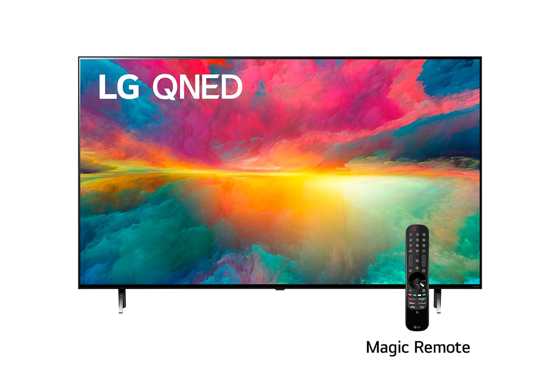 LG Pantalla LG QNED 75 55'' 4K SMART TV con ThinQ AI, Una vista frontal del televisor LG QNED con imagen de relleno y logotipo del producto encendido, 55QNED75SRA