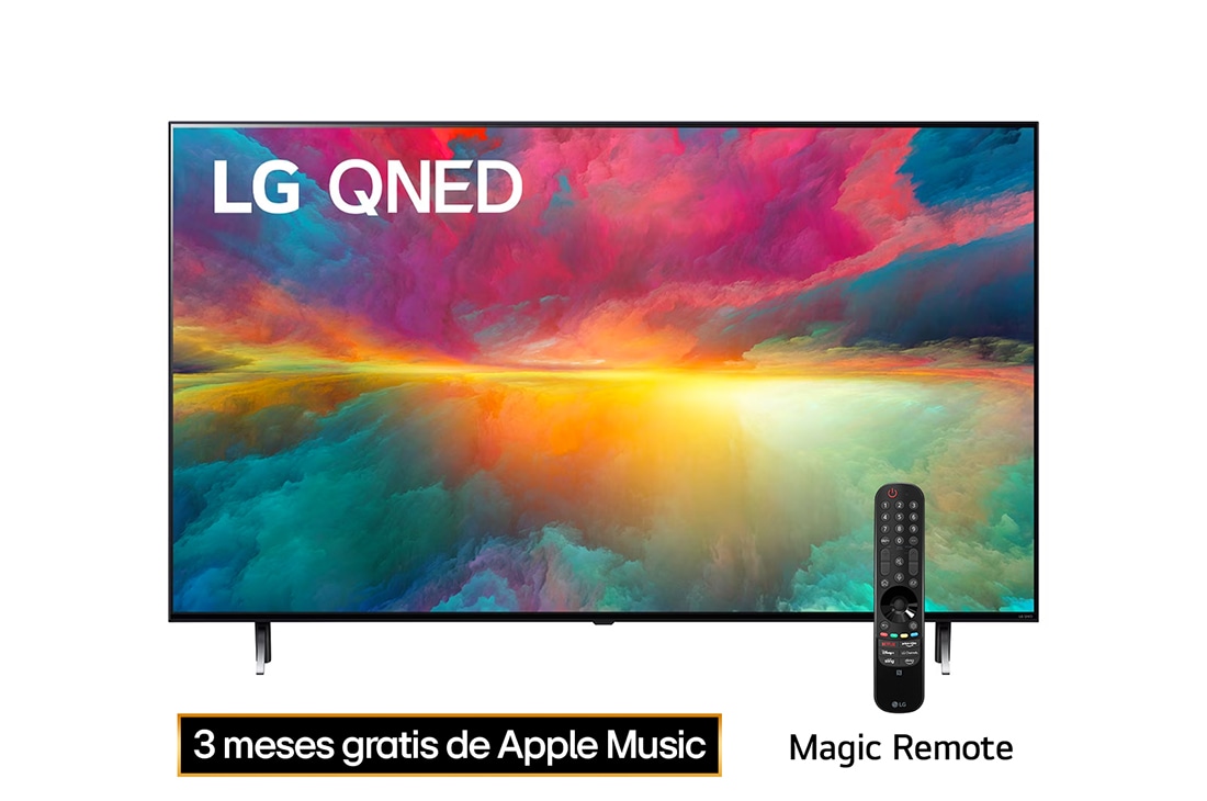 LG Pantalla LG QNED 75 65'' 4K SMART TV con ThinQ AI, Una vista frontal del televisor LG QNED con imagen de relleno y logotipo del producto encendido, 65QNED75SRA