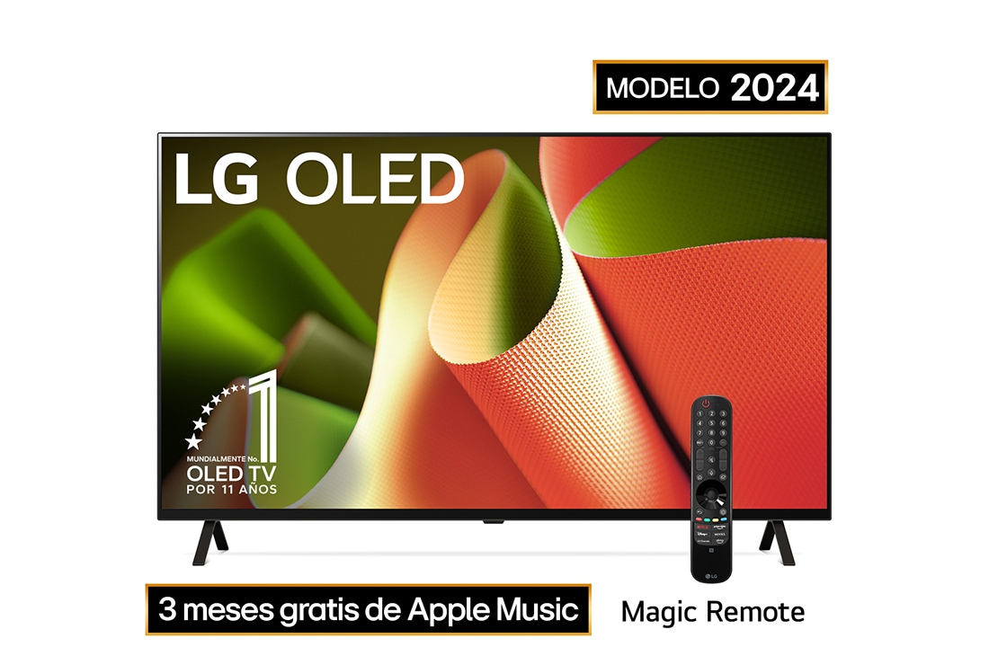 LG 55''pulgadas LG OLED B4 4K Smart TV 2024, Vista frontal con LG OLED TV, OLED B4, 11 años del emblema OLED número 1 del mundo y logotipo de webOS Re:New Program en pantalla con soporte de 2 polos, OLED55B4PSA