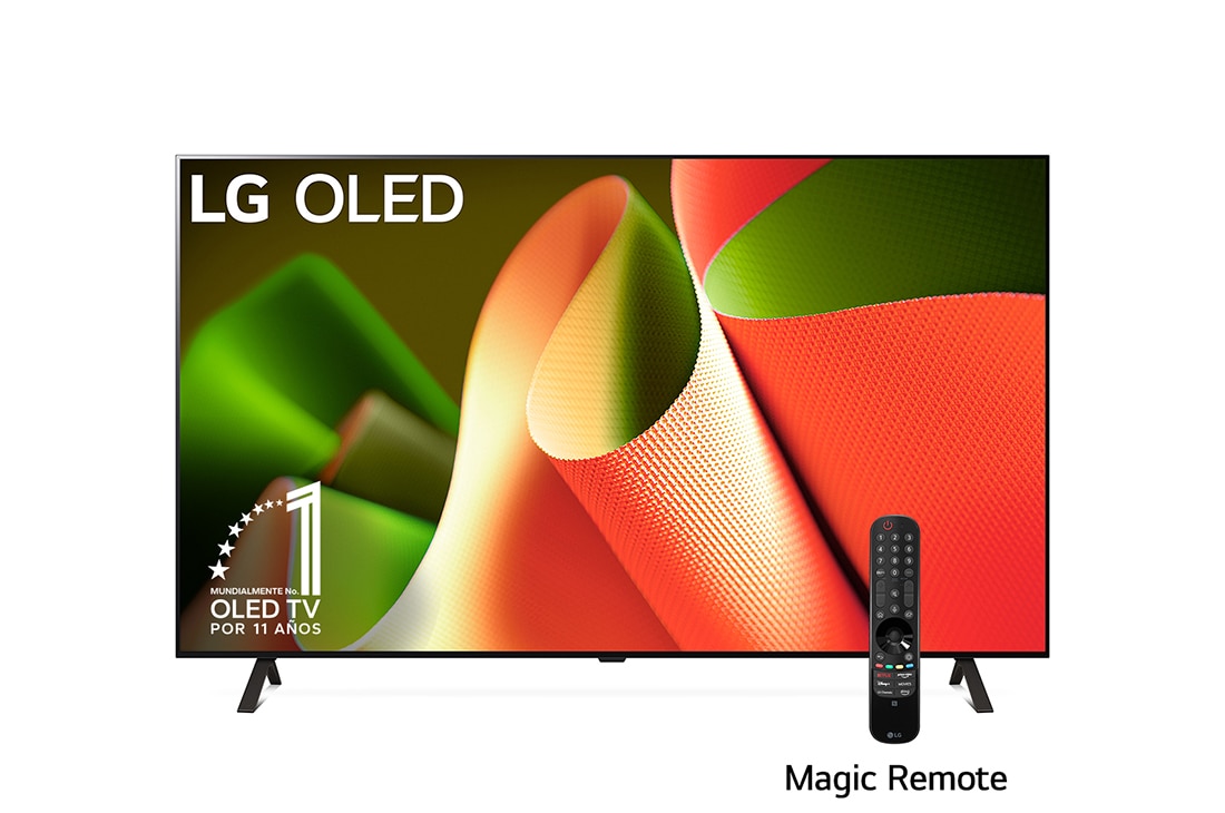 LG 65''pulgadas LG OLED B4 4K Smart TV 2024, Vista frontal con LG OLED TV, OLED B4, 11 años del emblema OLED número 1 del mundo y logotipo de webOS Re:New Program en pantalla con soporte de 2 polos, OLED65B4PSA