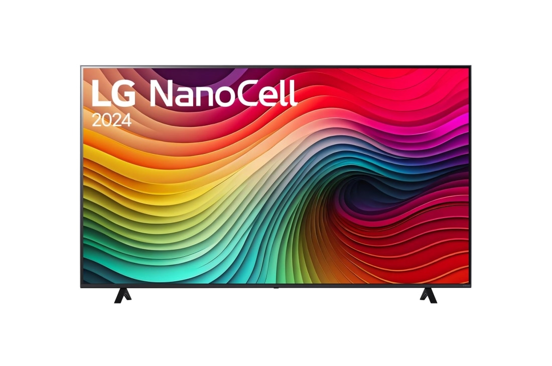 LG 70'' pulgadas LG Nano80 4K UHD Smart TV 2024, Front view of LG NanoCell TV, NANO80 with text of LG NanoCell, 2024, and webOS Re:New Program logo on screen, 70NANO80TSA