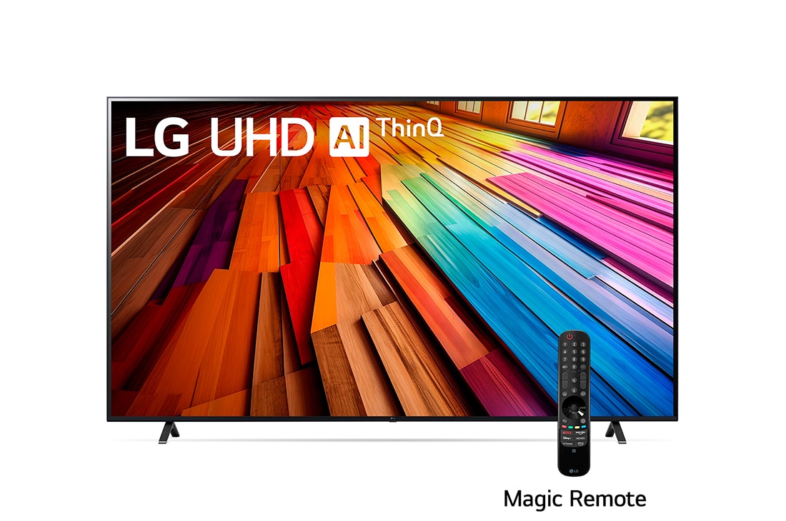 LG 86 Pulgadas LG UT8050 AI 4K Smart TV 2024, Front view of LG UHD TV, UT80 with text of LG UHD AI ThinQ, 2024, and webOS Re:New Program logo on screen, 86UT8050PSB