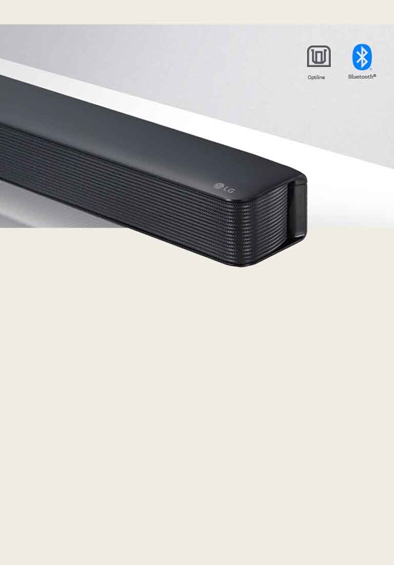 LG Soundbar ribakõlari parema külje lähivaade, paremas alanurgas on LG logo. Ühenduvuse ikoonid on näidatud toote kohal. 