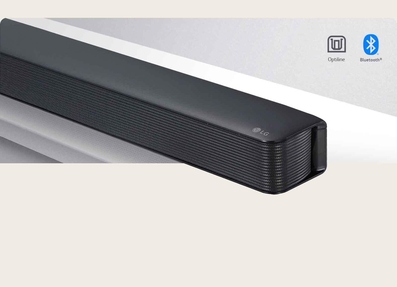 LG Soundbar ribakõlari parema külje lähivaade, paremas alanurgas on LG logo. Ühenduvuse ikoonid on näidatud toote kohal. 