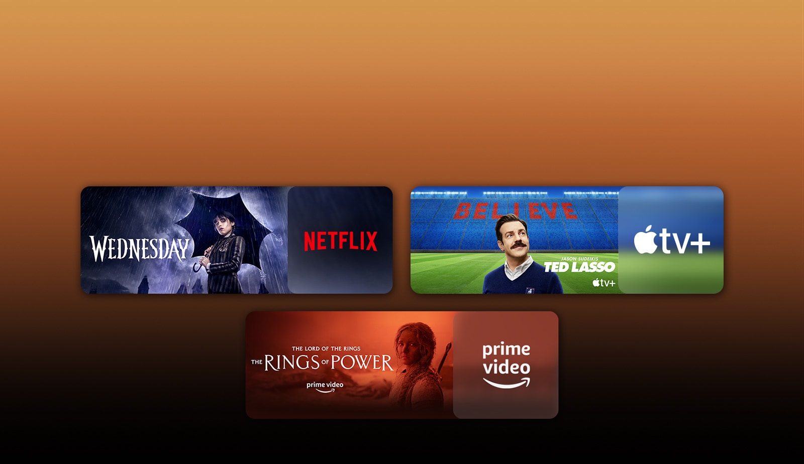 Voogedastusplatvormide logod ja vastavad videopildid iga logo kõrval. Piltidel on Netflixi „Wednesday“, Apple TV „Ted Lasso“, Paramount+ „Tulsa King“, Disney Plusi „National Treasure“, Prime Video „The rings of power“, Sky Showtime'i „Top gun“ ja LG CHANNELSi „Leopard“.