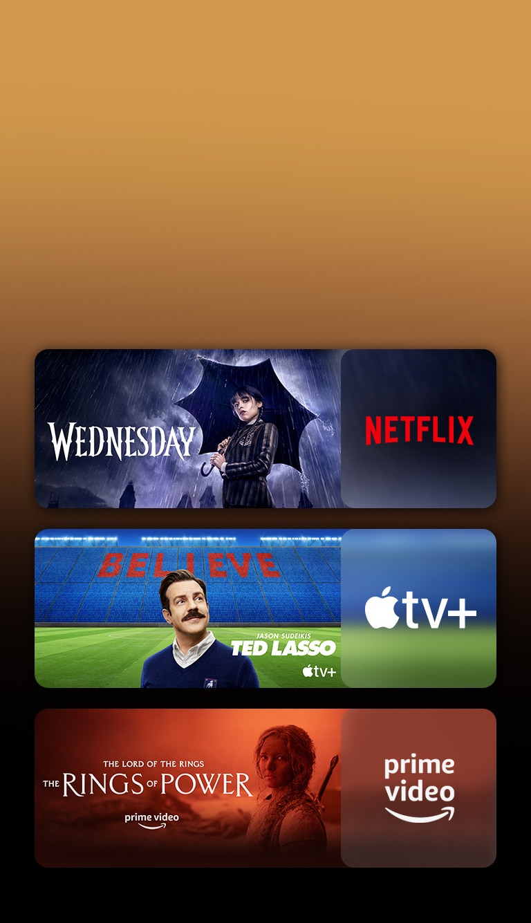 Voogedastusplatvormide logod ja vastavad videopildid iga logo kõrval. Piltidel on Netflixi „Wednesday“, Apple TV „Ted Lasso“, Paramount+ „Tulsa King“, Disney Plusi „National Treasure“, Prime Video „The rings of power“, Sky Showtime'i „Top gun“ ja LG CHANNELSi „Leopard“.