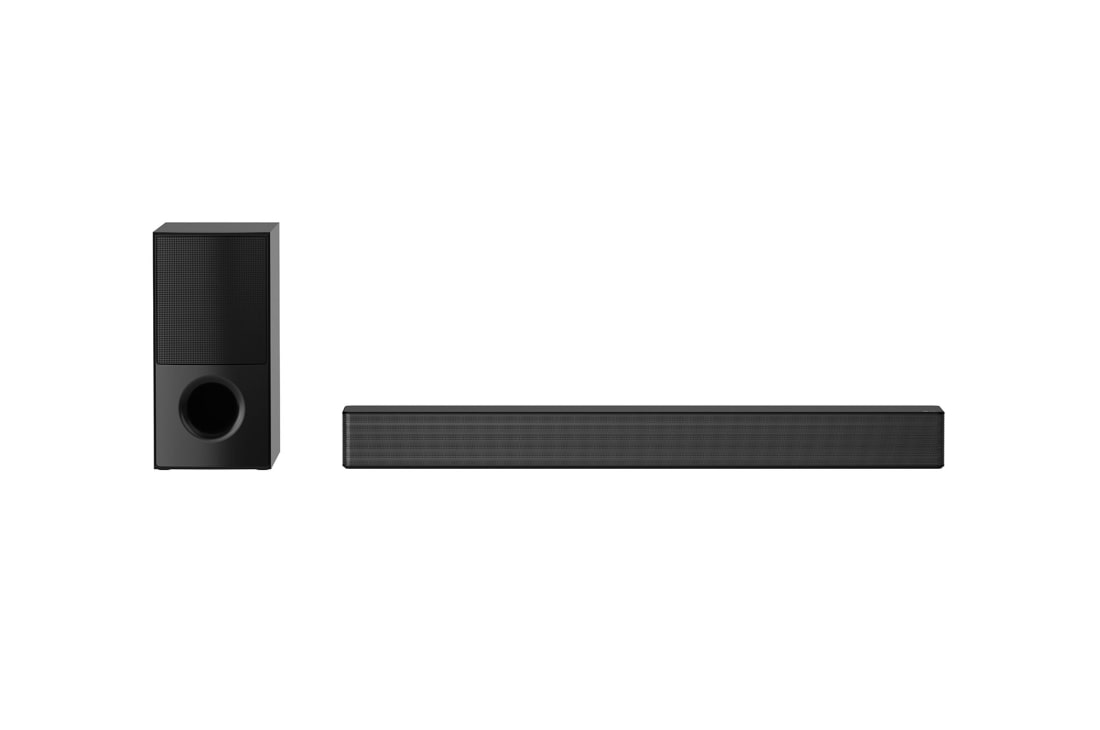 LG 4.1-kanaliline Sound Bar audiosüsteem, millel on 600W heliväljund, eestvaade koos bassikõlari ja tagumise üles suunatud kõlariga, SNH5