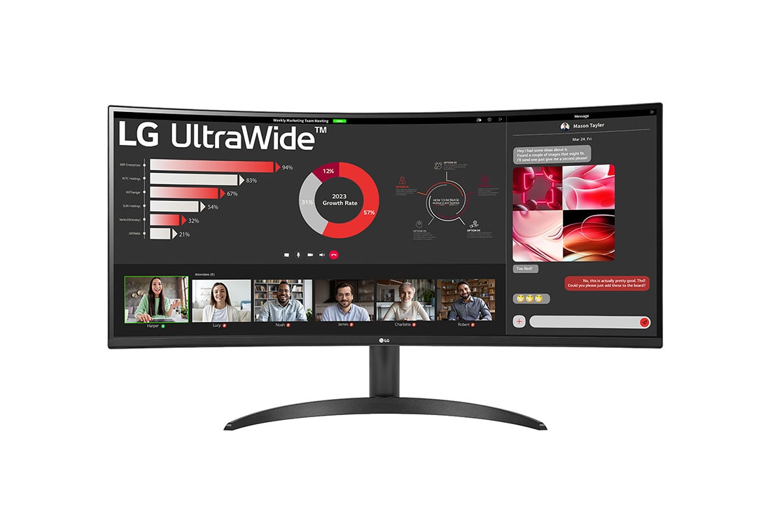 LG 34-tolline 21:9 nõgus UltraWide™ QHD (3440x1440) FreeSync™ monitor, eestvaade, 34WR50QC-B