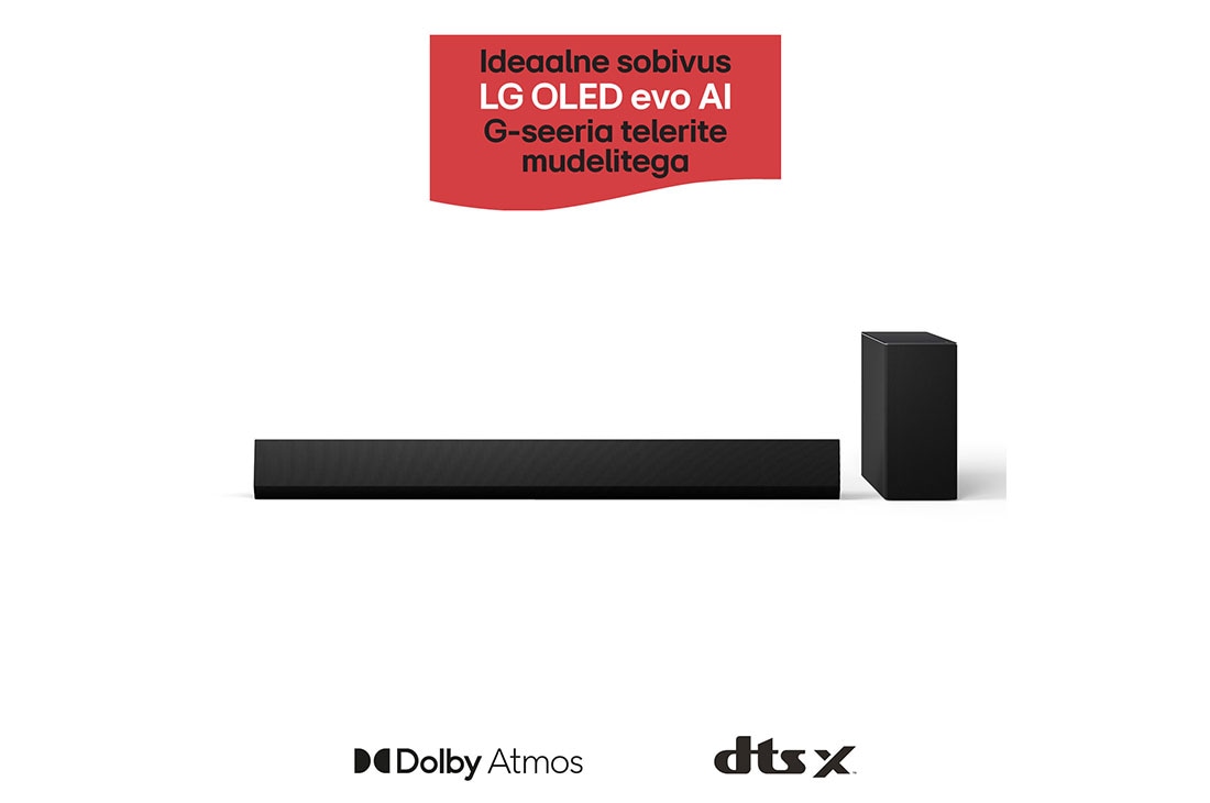 LG 420W, 3.1 kanaliga LG Soundbar helisüsteem SG10TY koos Dolby Atmos'iga, ideaalne sobivus LG OLED evo AI G-seeria TV, LG Soundbar SG10TY ribakõlari ja bassikõlari eestvaade, SG10TY