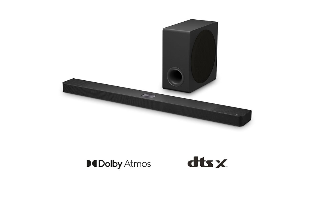 LG 570W, 5.1.3 kanaliga LG Soundbar helisüsteem S90TY koos Dolby Atmos'iga, LG Soundbar S90TY ribakõlari ja bassikõlari nurgavaade, S90TY