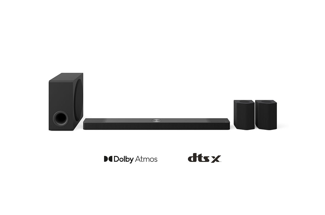 LG 810W, 9.1.5 kanaliga LG Soundbar helisüsteem S95TR koos Dolby Atmos'iga, LG Soundbar, basskõlari ja tagumiste kõlarite eestvaade, S95TR