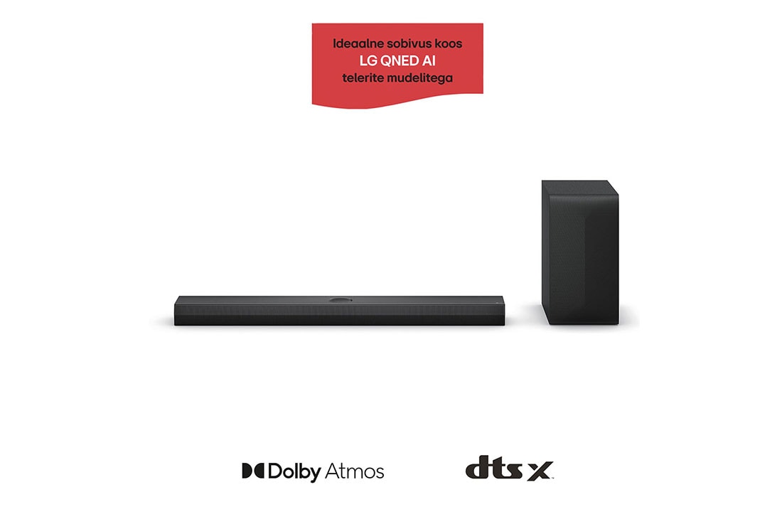 LG 400W, 3.1.1 kanaliga LG Soundbar helisüsteem S70TY koos Dolby Atmos'iga, ideaalne sobivus LG QNED AI TV, LG Soundbar S70TY ribakõlari ja bassikõlari eestvaade, S70TY