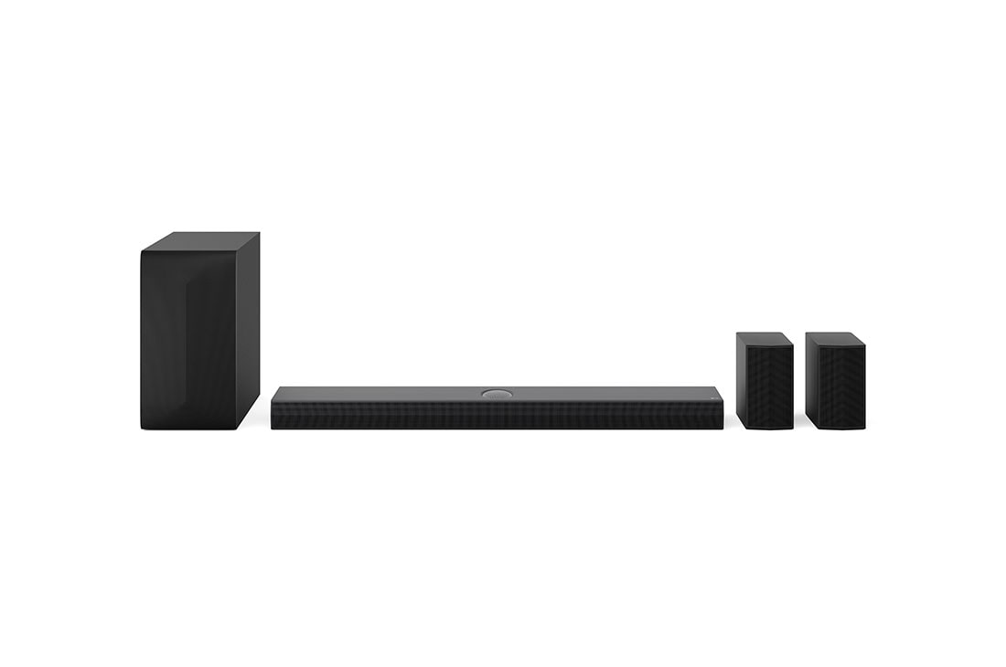 LG Soundbar Dolby Atmos 5.1.1 kanaliga S70TR, LG Soundbar ribakõlari S70TR, basskõlari ja tagumiste kõlarite eestvaade, S70TR