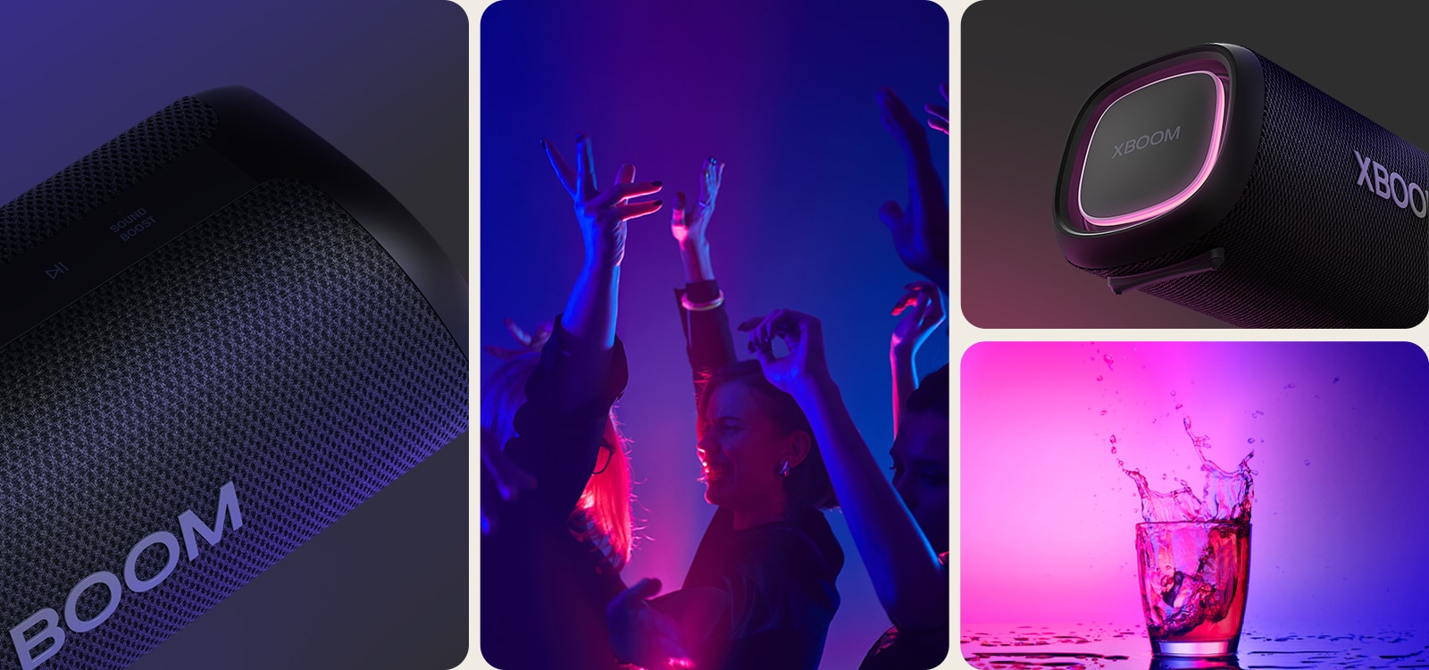 Kolledž. Vasakult lähivaade LG XBOOM Go XG7 kõlarist. Järgmisena on toodud muusikat nautivate inimeste pilt. Paremal ülevalt alla: lähivaade roosa valgustusega kõlarist ja kahest joogiklaasist.