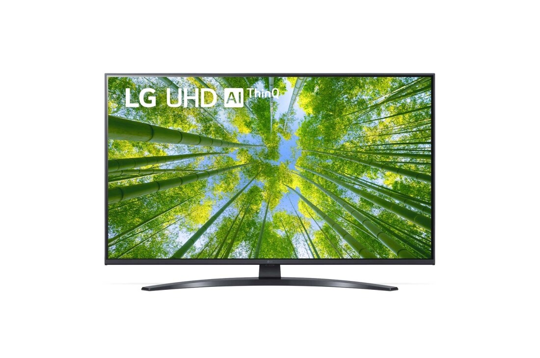 LG 43-tolline UHD 4K teler 43UQ8100, LG UHD-teleri esivaade täitekujutise ja toote logoga, 43UQ81003LB