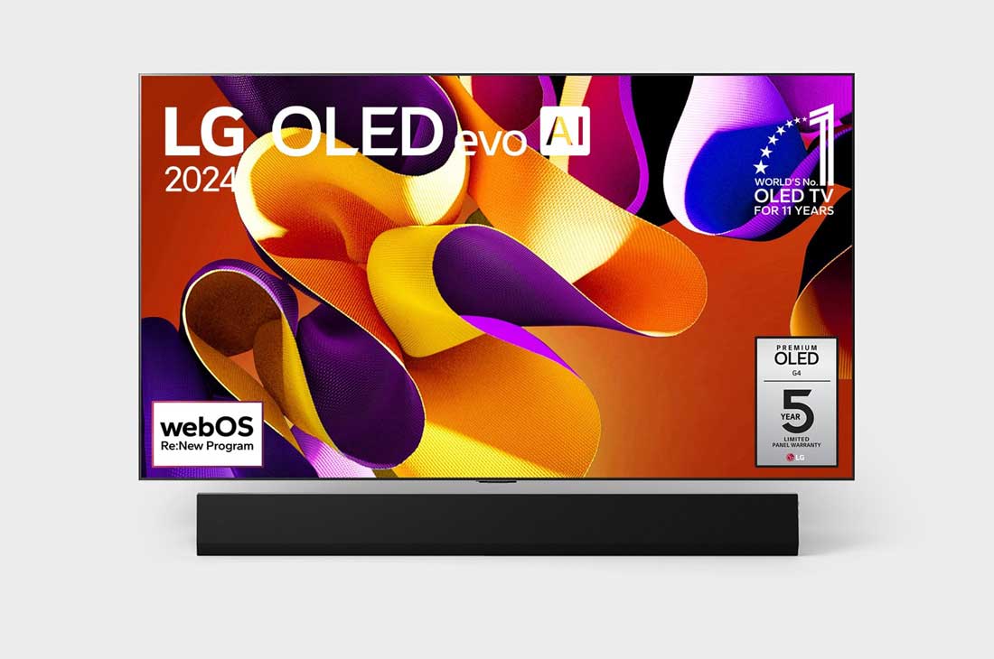 LG 77“ LG OLED evo AI G4 4K Smart TV OLED77G4, LG OLED evo AI TV, OLED G4, eestvaade, 11 aastat maailmas esikohal olnud OLED-embleem ja webOS-i Re:New Program logo ekraanil ja paneeli 5-aastase garantii logo ekraanil ning ka allpool olev Soundbar , OLED77G42LW