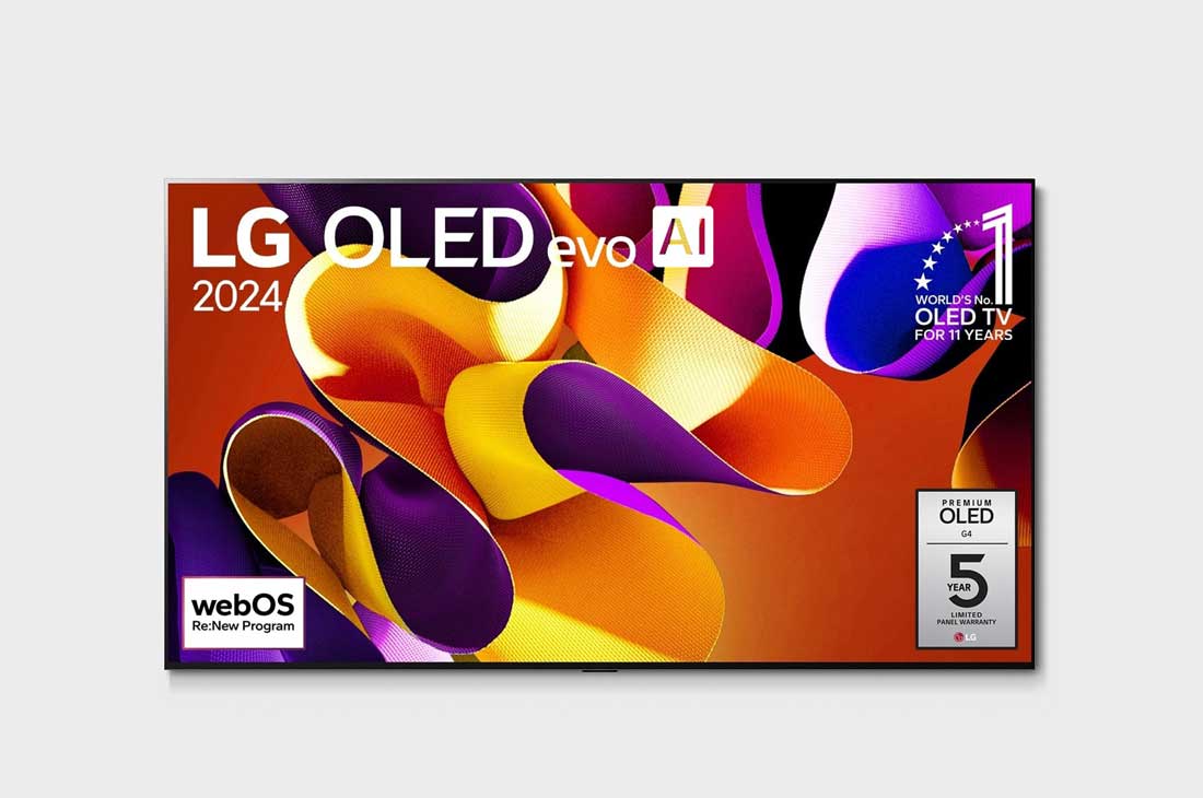 LG 83“ LG OLED evo AI G4 4K Smart TV LED83G4, LG OLED evo AI TV, OLED G4 eestvaade, 11 aastat maailmas esikohal olnud OLED-embleem ja webOS-i Re:New Program logo ja paneeli 5-aastase garantii logo ekraanil, OLED83G42LW