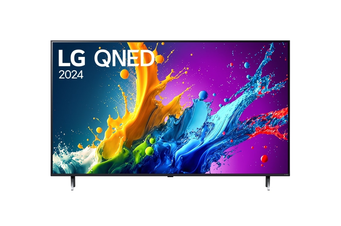 LG 43-tolline LG QNED QNED80 4K Smart TV 2024, LG QNED TV, QNED80 eestvaade, ekraanil tekst LG QNED, 2024 ja webOS Re:New Program logo, 43QNED80T3A