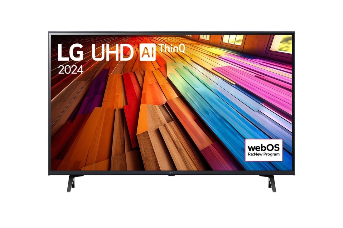 LG 43 tolline LG UHD UT81 4K nutiteler 43UT81, LG UHD TV, UT80 eestvaade, ekraanil tekst LG UHD AI ThinQ, 2024 ja webOS Re:New Program logo, 43UT81003LA