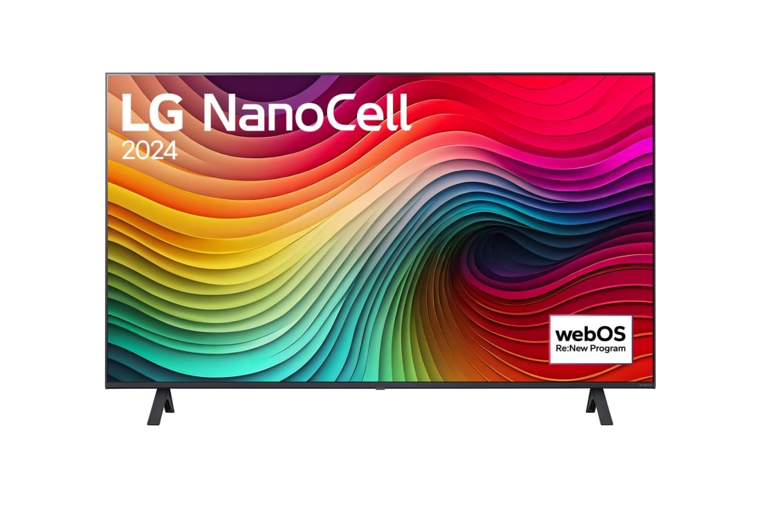 LG 43-tolline LG NanoCell NANO81 4K nutiteler 2024, LG NanoCell TV, NANO81 eestvaade, ekraanil tekst LG NanoCell, 2024 ja webOS Re:New Program logo, 43NANO81T3A