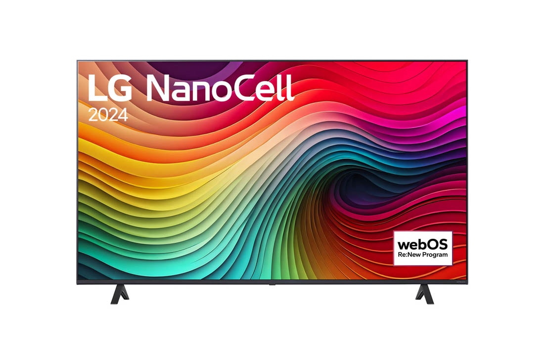 LG 55-tolline LG NanoCell NANO81 4K nutiteler 2024, LG NanoCell TV, NANO81 eestvaade, ekraanil tekst LG NanoCell, 2024 ja webOS Re:New Program logo, 55NANO81T3A