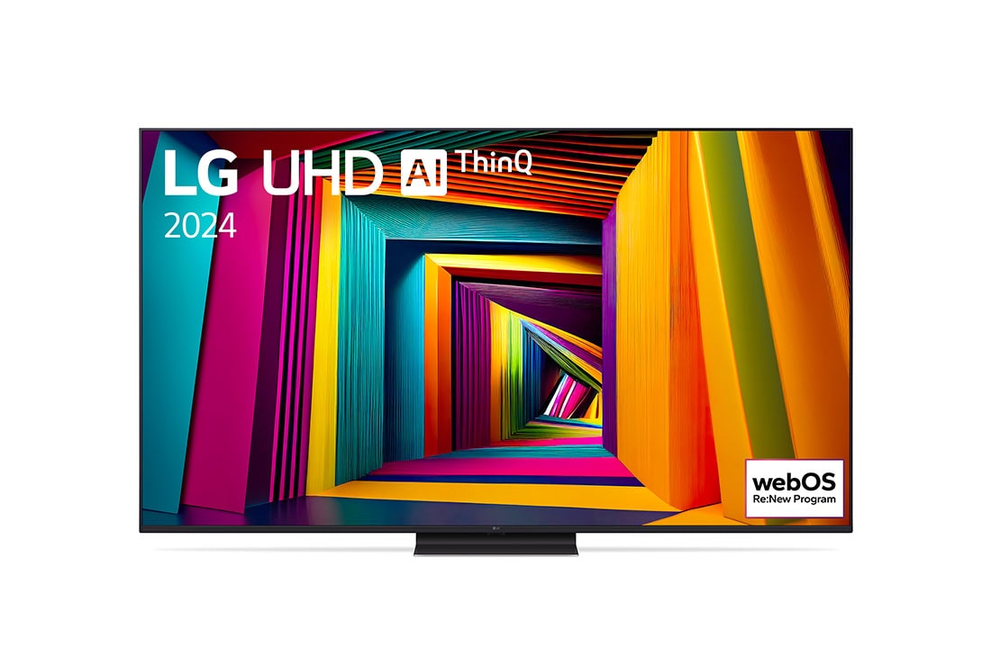 LG 75-tolline LG UHD AI 4K nuti TV UT91 WebOS24 2024, LG UHD TV, UT91 eestvaade, ekraanil tekst LG UHD AI ThinQ, 2024 ja webOS Re:New Program logo, 75UT91003LA