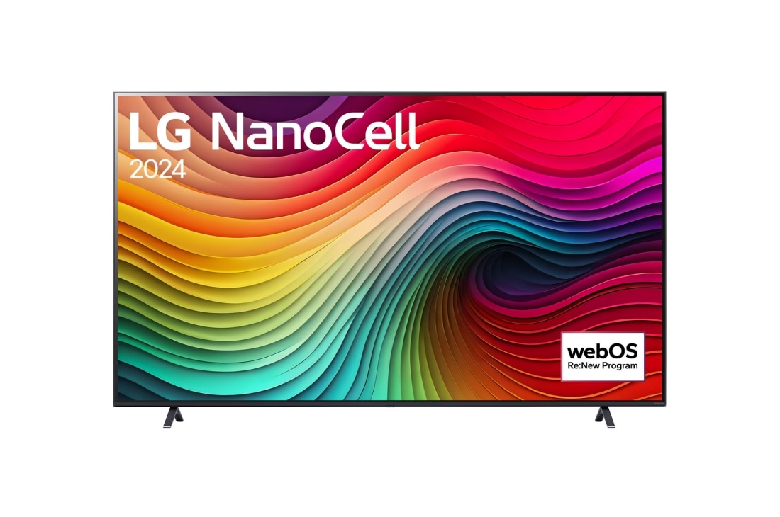 LG 86-tolline LG NanoCell NANO81 4K Smart TV nutiteler 2024, LG NanoCell TV, NANO81 eestvaade, ekraanil tekst LG NanoCell, 2024 ja webOS Re:New Program logo, 86NANO81T3A