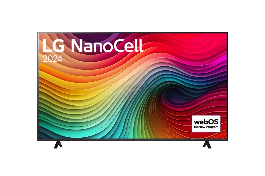 LG 75-tolline LG NanoCell NANO81 4K nutiteler 2024, LG NanoCell TV, NANO81 eestvaade, ekraanil tekst LG NanoCell, 2024 ja webOS Re:New Program logo, 75NANO81T3A