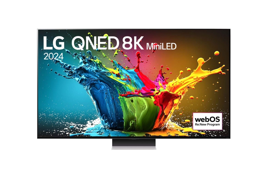 LG 86“ LG QNED MiniLED QNED99 8K Smart TV 2024, LG QNED TV, QNED99 eestvaade, ekraanil tekst LG QNED 8K MiniLED, 2025 ja webOS Re:New Program logo, 86QNED99T9B