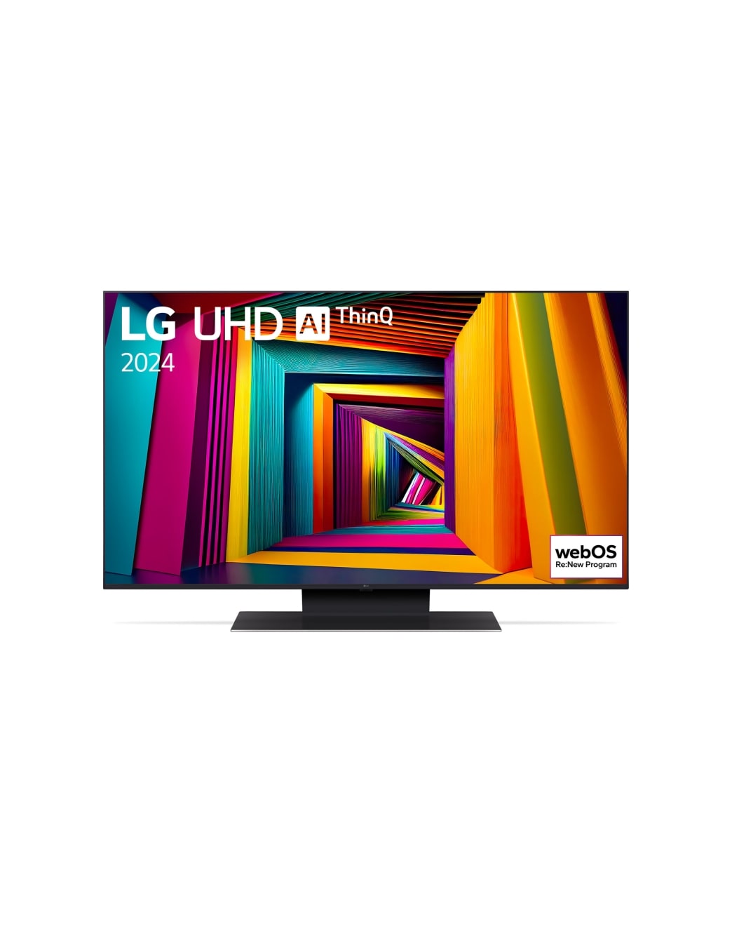 LG 43-tolline LG UHD AI 4K nuti TV UT91 WebOS24 2024, LG UHD TV, UT91 eestvaade, ekraanil tekst LG UHD AI ThinQ, 2024 ja webOS Re:New Program logo, 43UT91003LA