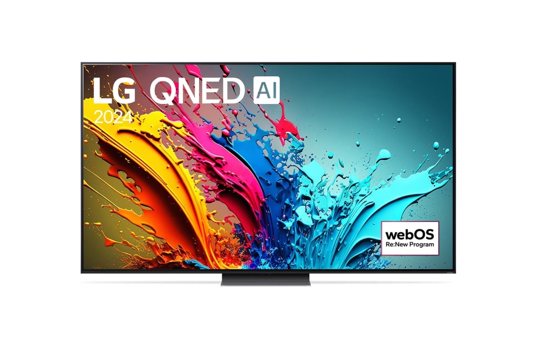 LG 86-tolline LG QNED AI 4K nuti TV QNED86 WebOS24 2024, LG QNED TV, QNED85 eestvaade, ekraanil tekst LG QNED, 2024 ja webOS Re:New Program logo, 86QNED86T3A