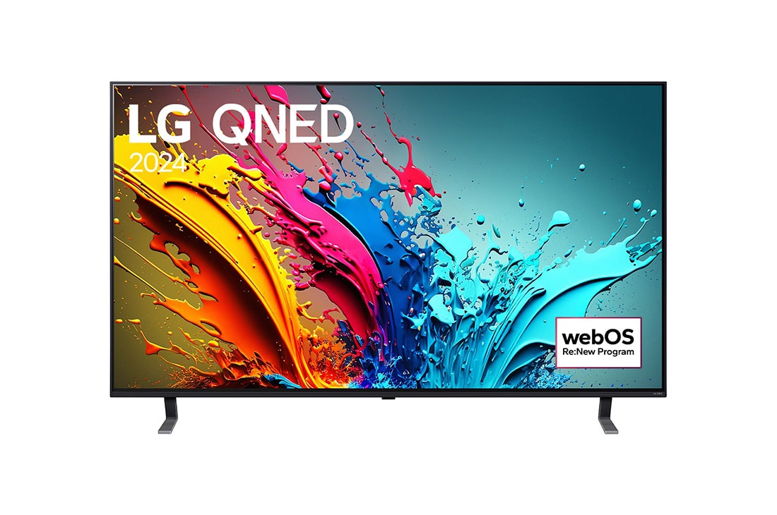 LG 86-tolline LG QNED QNED85 4K Smart TV 2024, LG QNED TV, QNED85 eestvaade, ekraanil tekst LG QNED, 2024 ja webOS Re:New Program logo, 86QNED85T3C