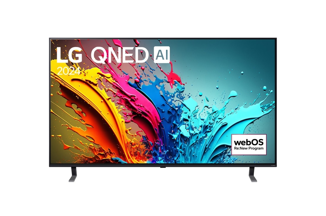 LG 86-tolline LG QNED AI 4K nuti TV QNED85 WebOS24 2024, LG QNED TV, QNED85 eestvaade, ekraanil tekst LG QNED, 2024 ja webOS Re:New Program logo, 86QNED85T3C