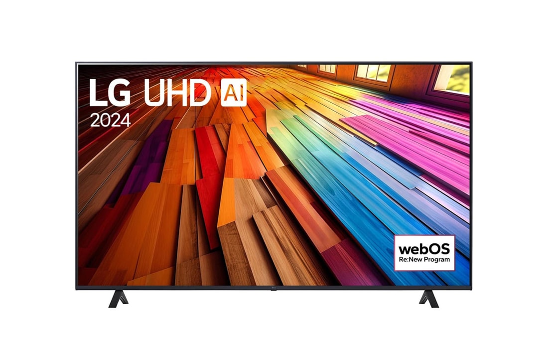 LG 75-tolline LG UHD AI 4K nuti TV UT81 WebOS24 2024, LG UHD TV, UT81 eestvaade, ekraanil tekst LG UHD AI ThinQ, 2024 ja webOS Re:New Program logo, 75UT81003LA