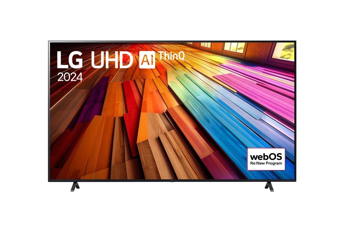 LG 86 tolline LG UHD UT81 4K nutiteler 86UT81, LG UHD TV, UT81 eestvaade, ekraanil tekst LG UHD AI ThinQ, 2024 ja webOS Re:New Program logo, 86UT81003LA