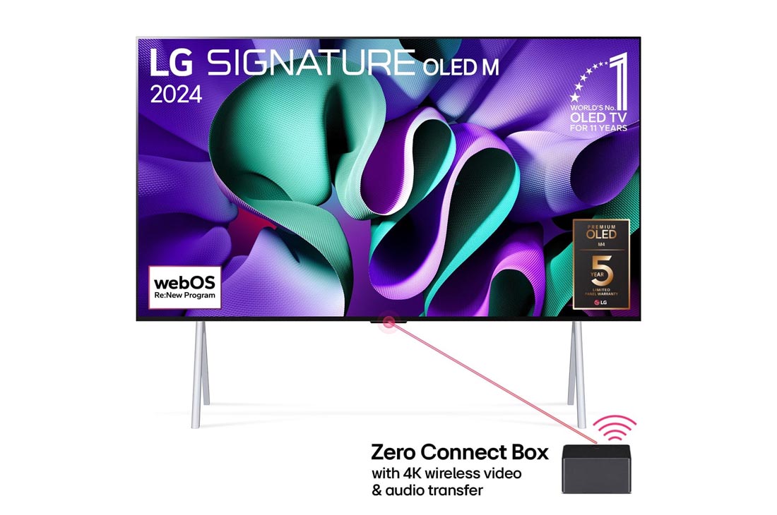 LG 97-tolline LG SIGNATURE OLED M4 4K nuti TV 2024 koos juhtmevaba video- ja heliülekandega, Eestvaade koos LG OLED TV, OLED M4 SIGNATUR teleriga, 11 aastat maailma nr 1 OLED-embleem, webOS Re:New Program logo,, OLED97M49LA