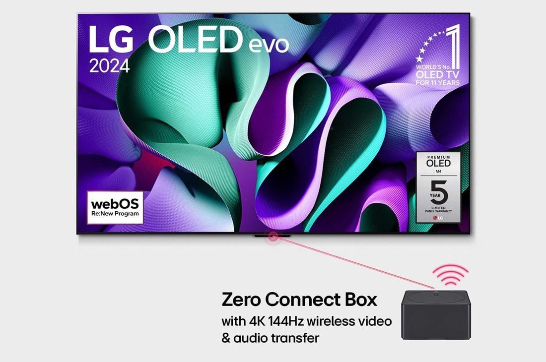 LG 83-tolline LG OLED evo AI M4 4K nuti TV OLED83M4 WebOS24 2024 koos juhtmevaba video ja heli ülekandega, Eestvaade koos LG OLED evo, OLED M4 teleriga, 11 aastat maailma nr 1 OLED-embleem, webOS Re:New Program logo, 5-aastase paneeligarantii logo ekraanil ja Zero Connect Box koos ühendatud 4K 144Hz juhtme, OLED83M49LA