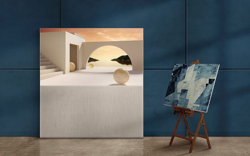 LG OLED Easel on teler, mis näeb välja nagu kunsti galeriis